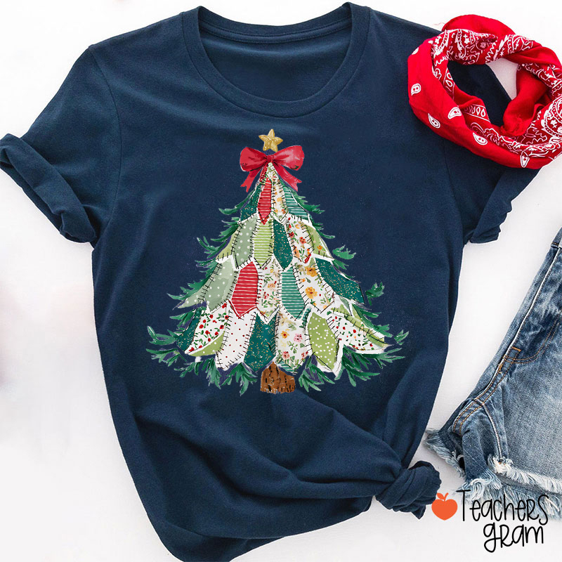 Faux Patchwork Christmas Tree Teacher T-Shirt