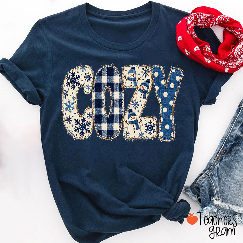 Faux Patchwork Cozy Winter Letter Snowman Teacher T-Shirt