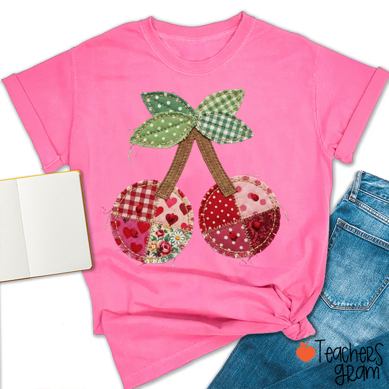 Faux Patchwork Quilted Farmhouse Cherry Teacher T-Shirt