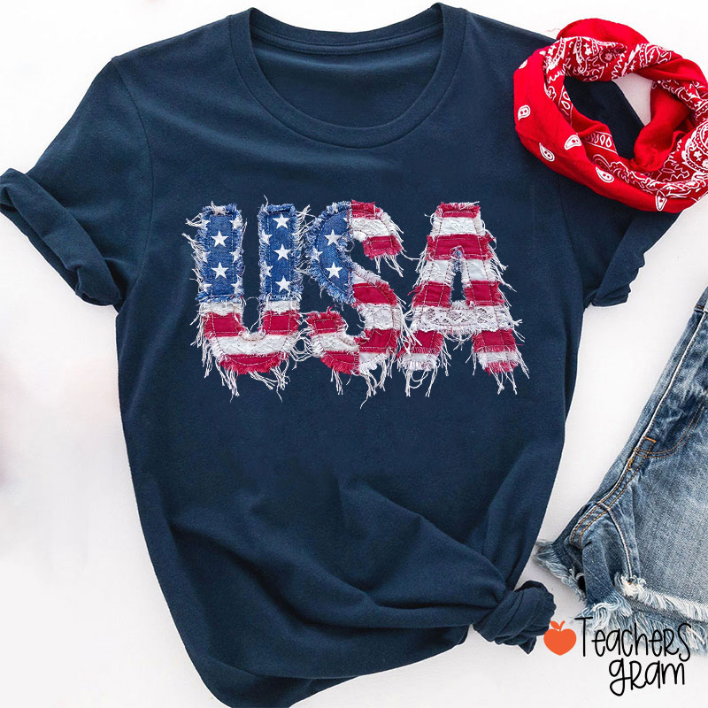 Faux Patchwork USA Teacher T-Shirt
