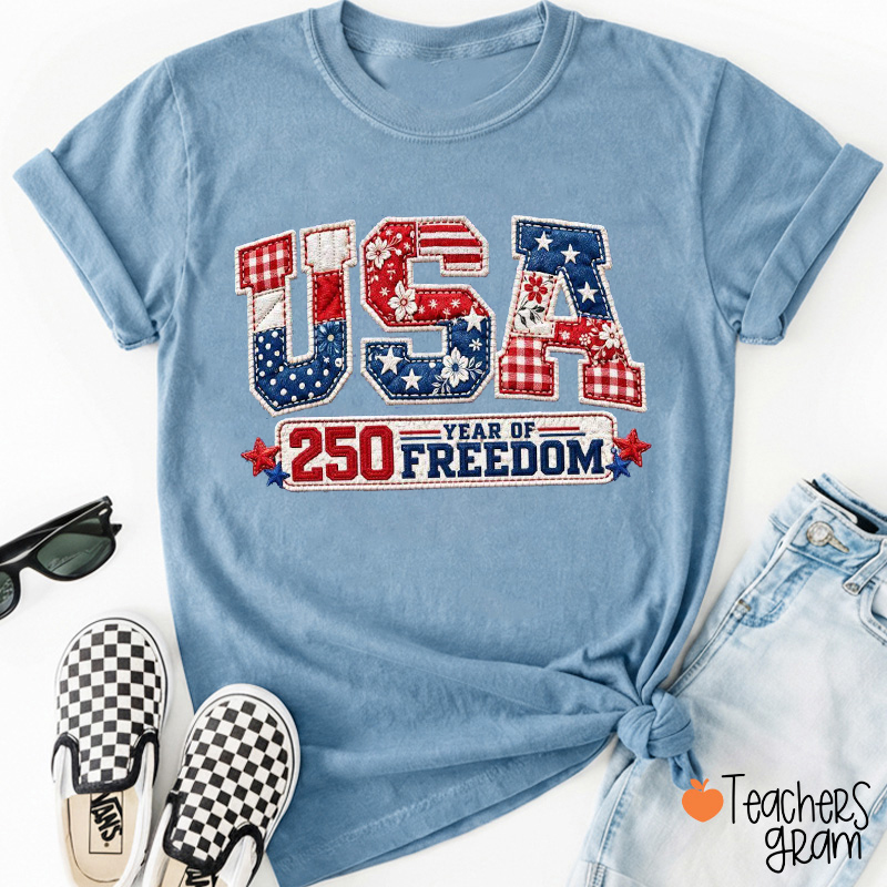 Faux Patchwork Usa 250 Year Of Freedom Teacher T-Shirt