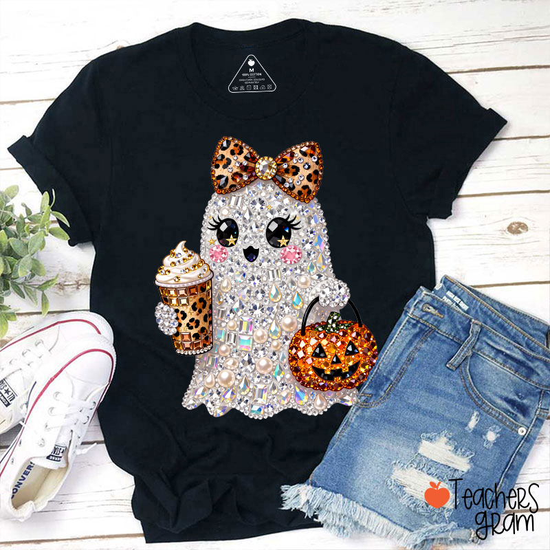 Faux Rhinestone Ghost Leopard Bow Coffee Pumpkin Teacher T‑Shirt