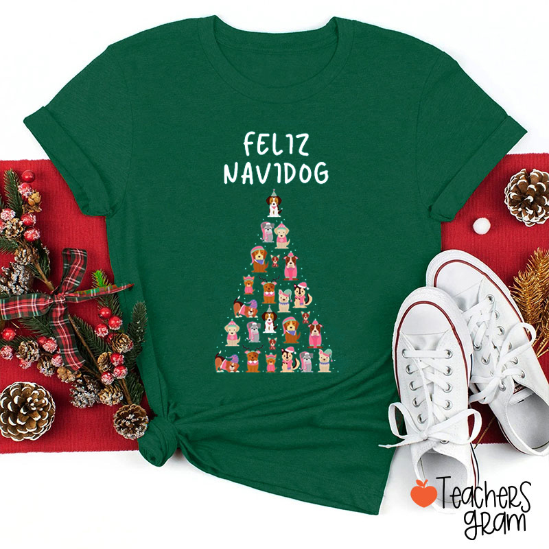 Feliz Navidad Puppy Christmas Tree Teacher T-Shirt