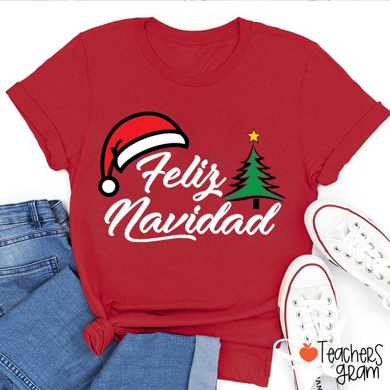 Feliz Navidad With Santa Hat Christmas Tree Spanish Teacher T-Shirt