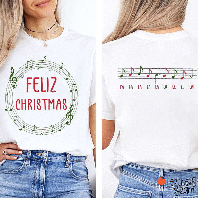 Feliz Navidad Music Note Spanish Teacher Two Sided T-Shirt
