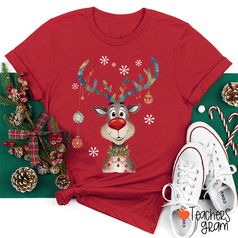 Festive Reindeer Cartoon Teacher T-Shirt