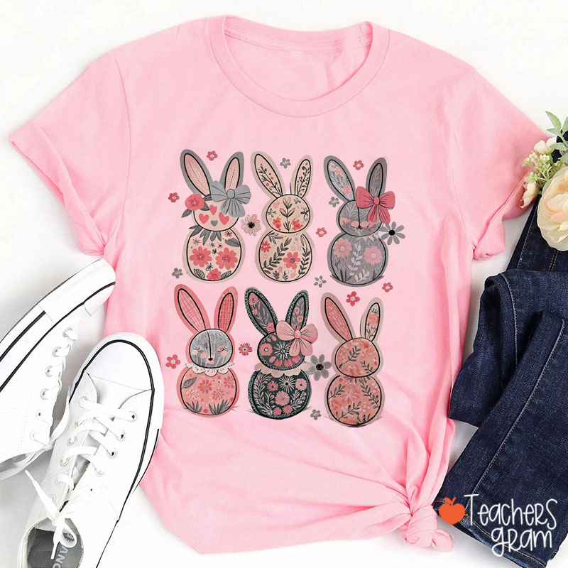 Flower Bunny Happy Easter Teacher T-Shirt