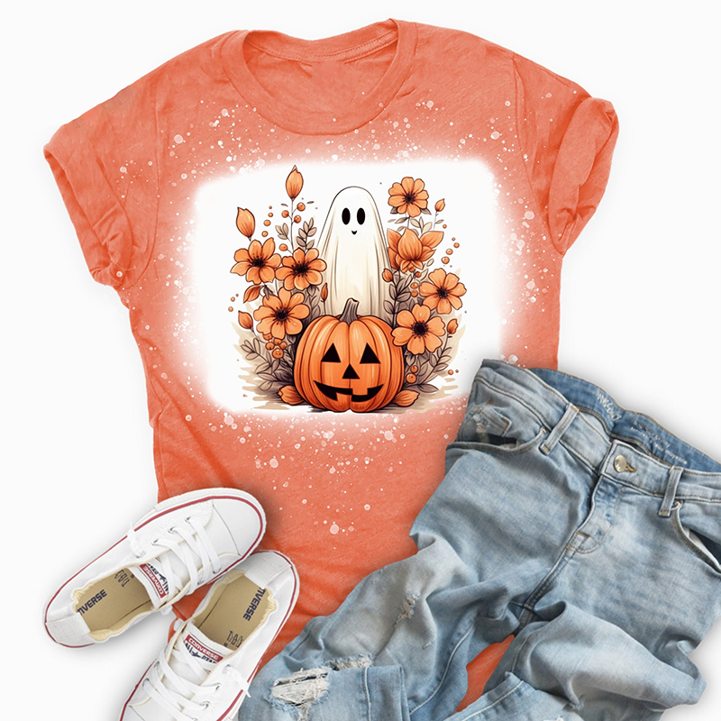 Flower Ghost Pumpkin Teacher Printed T-Shirt