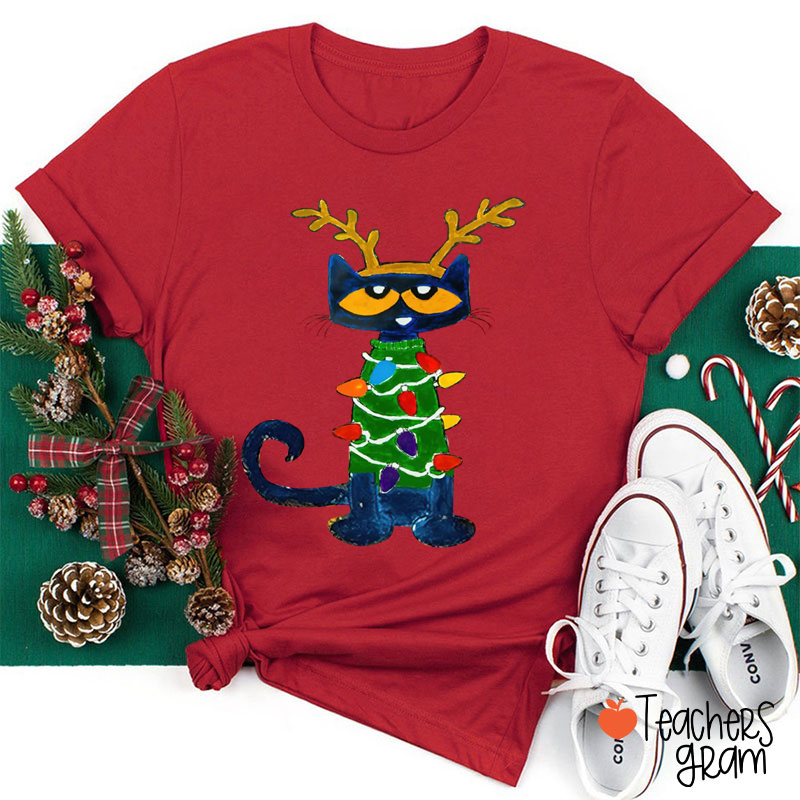 Funny Holiday Blue Cat Lights Teacher T-Shirt