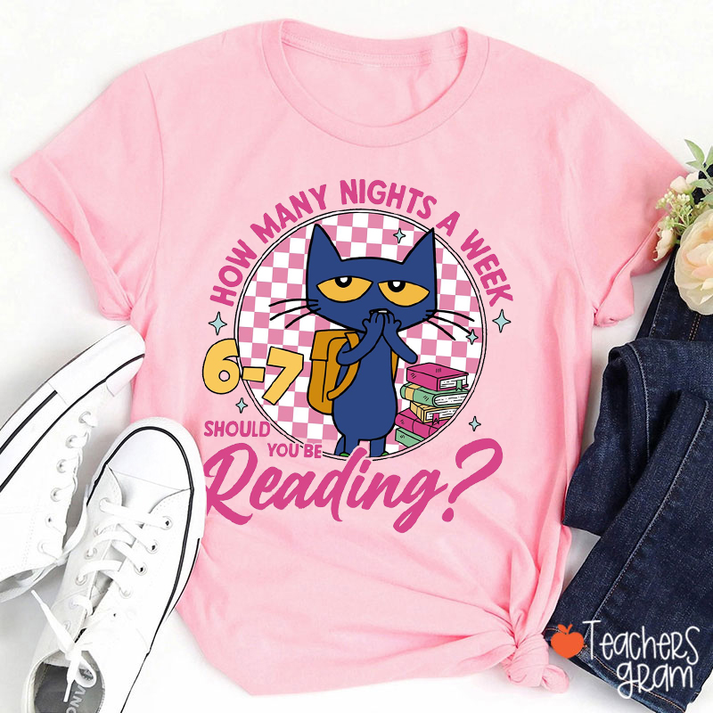 Funny Six Seven Reading Blue Cat Teacher T-Shirt
