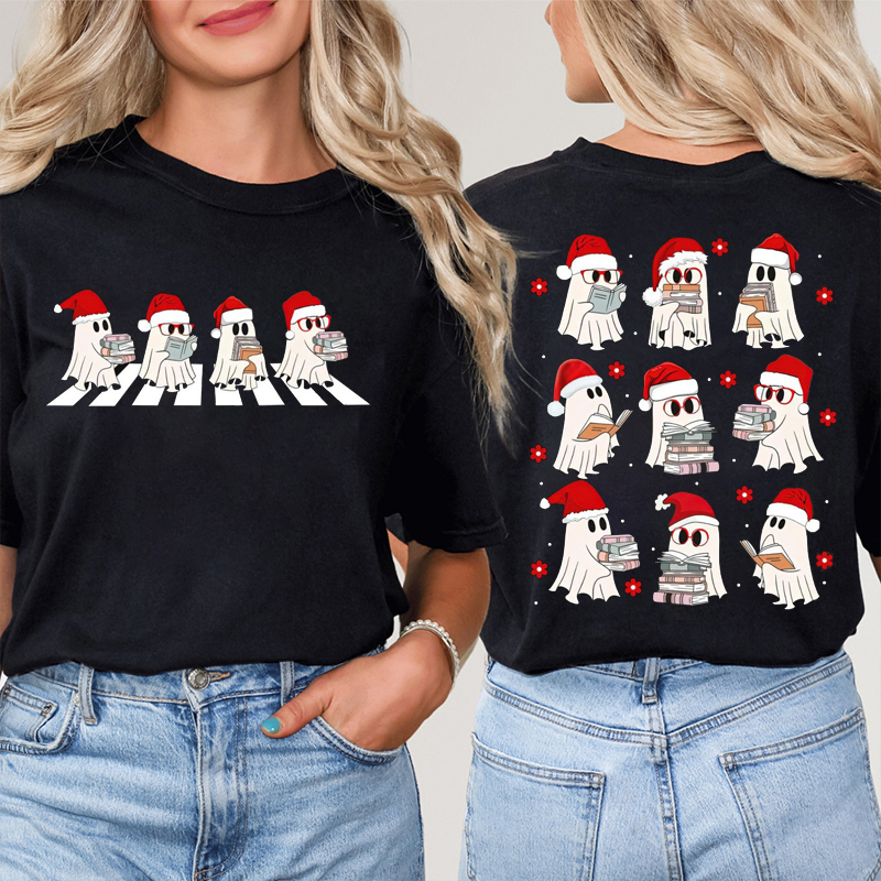 Ghosts Concentrating On Reading Christmas Teacher Two Sided T-Shirt