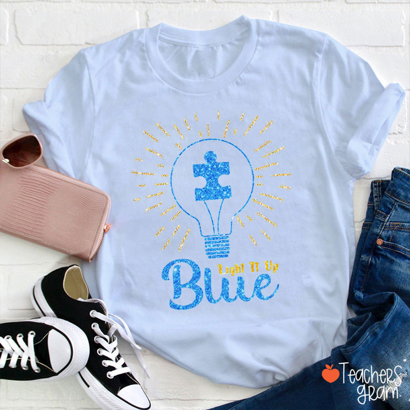 Glitter Light It Up Blue Teacher T-Shirt