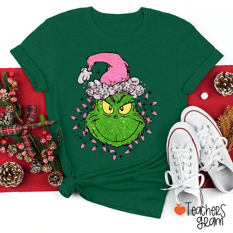 Glitter Green Guy Christmas Lights Teacher T-Shirt