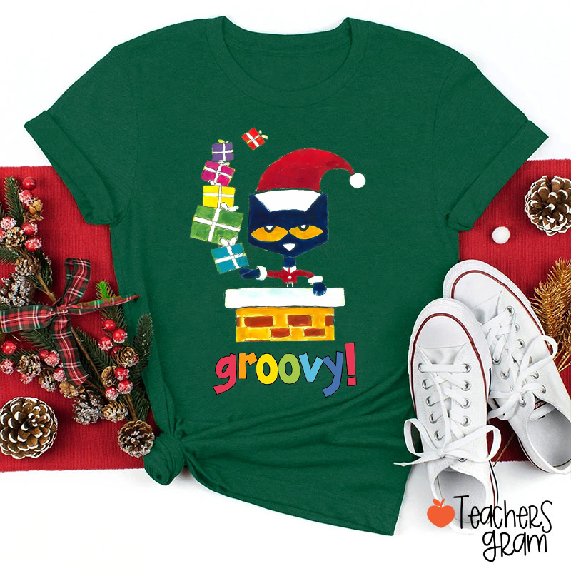 Groovy Blue Cat Christmas Teacher T-Shirt