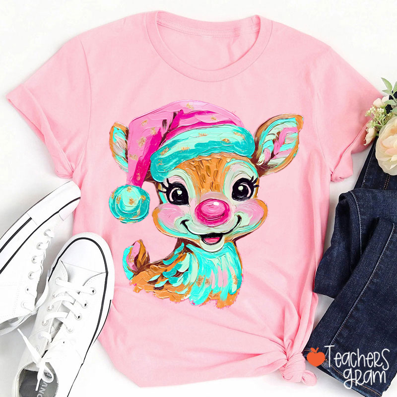 Hand-painted Retro Reindeer Christmas Teacher T-Shirt
