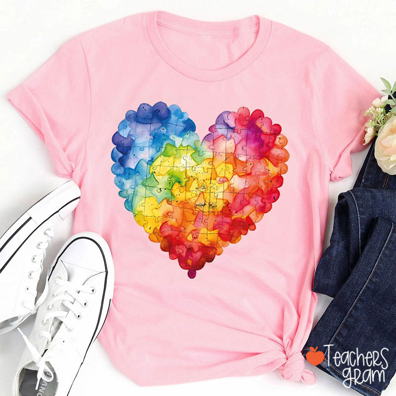 Heart Colorful Autism Puzzle Teacher T-Shirt
