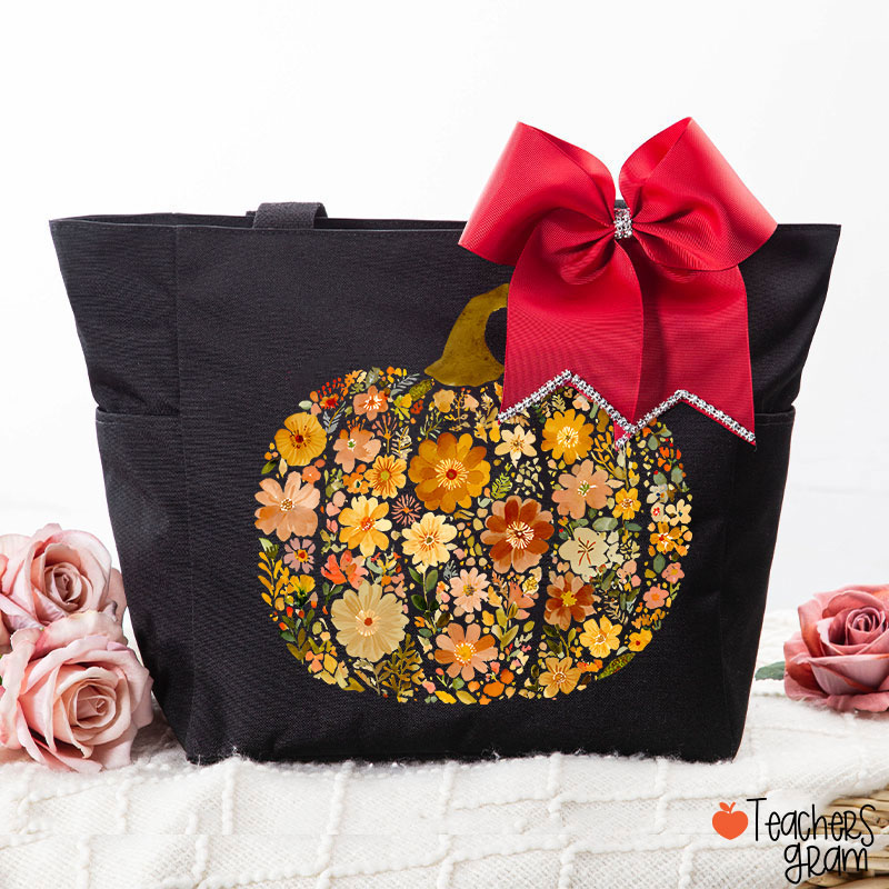 Pumpkin Orange Flowers Grass Teacher Large Tote Bag (free for the bowknot)