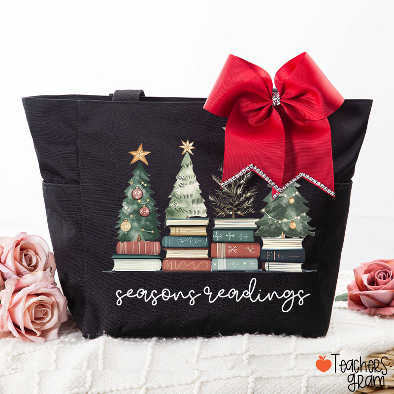 Bookish Christmas Seasons Readings Teacher Large Tote Bag (free for the bowknot)