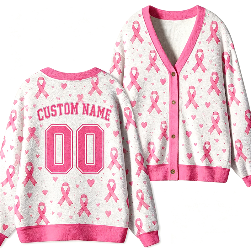 Personalized Name Number Pink Ribbon Heart Teacher Ugly Cardigan Sweaters