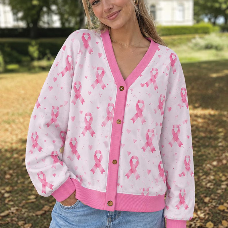 Personalized Name Number Pink Ribbon Heart Teacher Ugly Cardigan Sweaters
