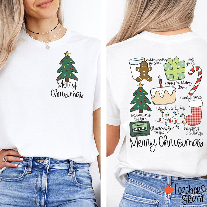 Merry Christmas Cute Icons Teacher Two Sided T-Shirt