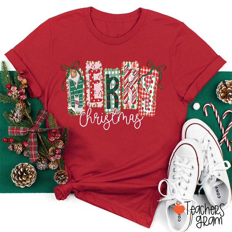 Merry Christmas Checkered Print Teacher T-Shirt