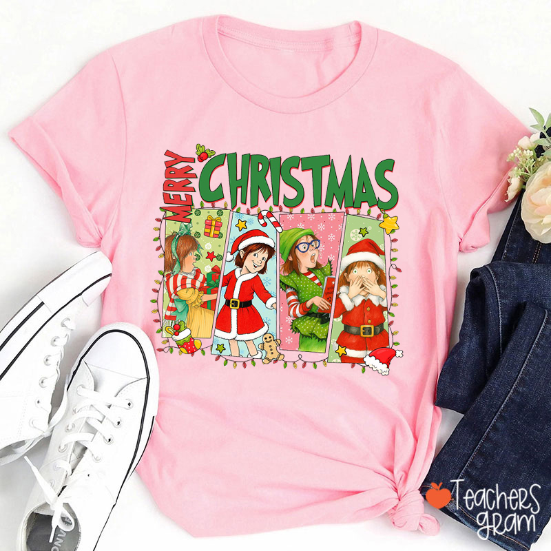 Merry Christmas Children Cartoon Characters Teacher T-Shirt