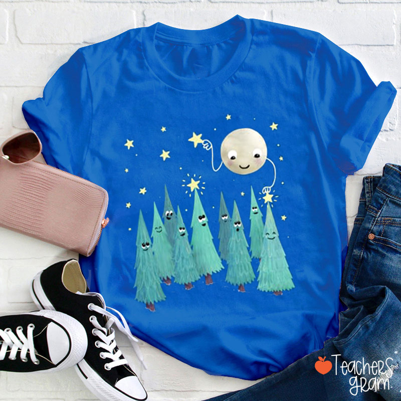 Moon Lights Up The Christmas Tree Teacher T-Shirt