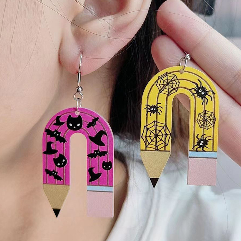 Halloween U-shaped Pencil Teacher Acrylic Earrings