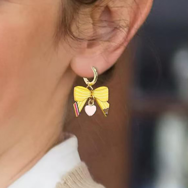 Pencil Bow Love Heart Teacher Metal Earrings