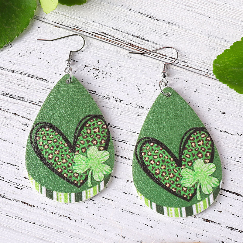 Water Drop Heart Clover Teacher Leather Earrings