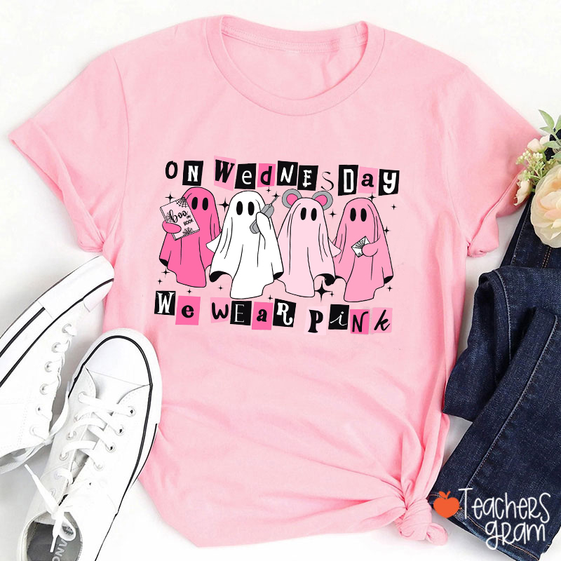 On Wednesday We Wear Pink Cute Ghost Teacher T-Shirt