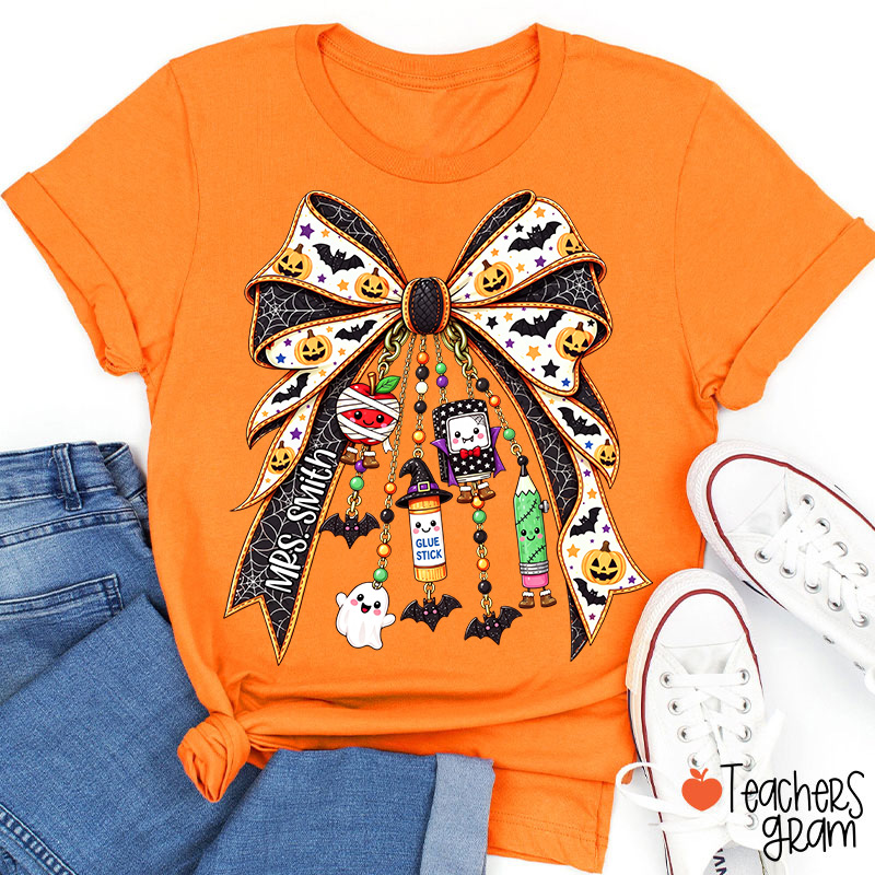 Personalized Name Spooky Charm Bow Teacher T-Shirt
