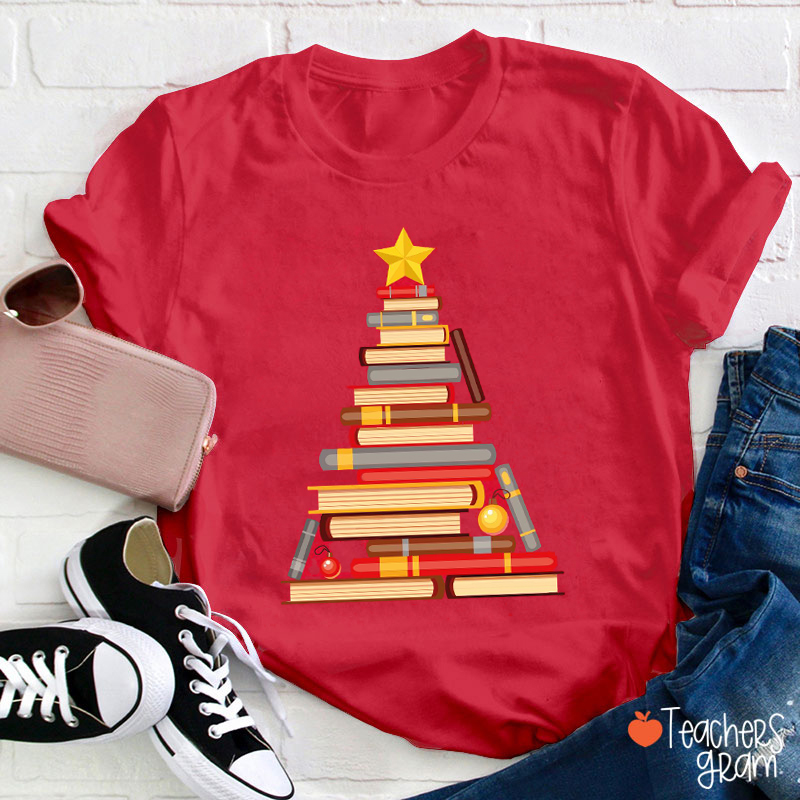 Books Christmas Tree Teacher T-Shirt
