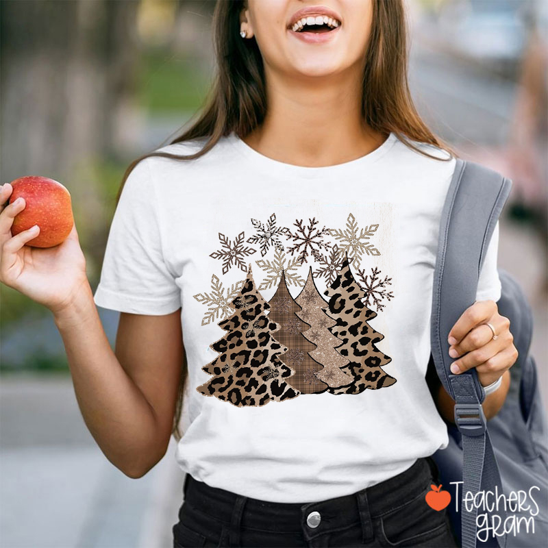 Brown Leopard Print Snowflake Christmas Tree Teacher T-Shirt