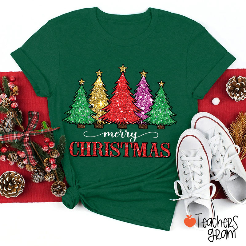 Glitter Merry Christmas Tree Teacher T-Shirt