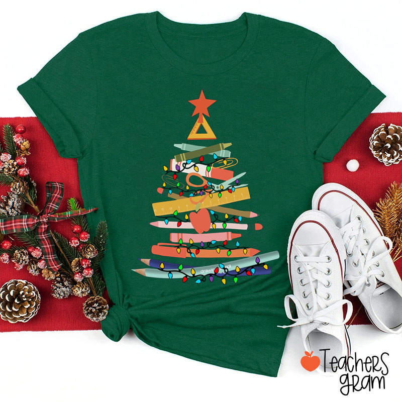 Pencil Ruler Lights Christmas Tree Teacher T-Shirt