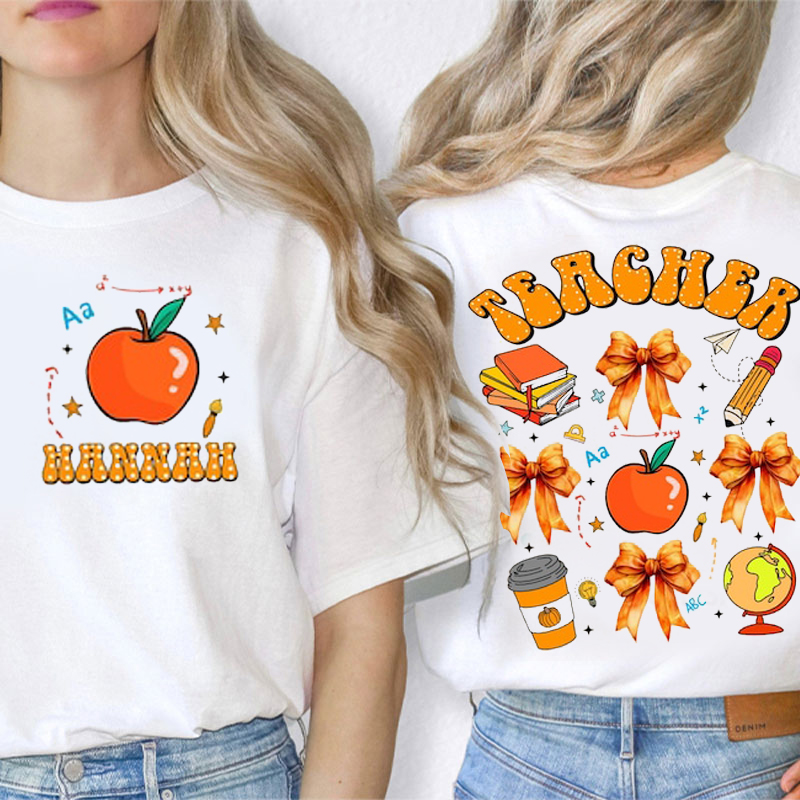 Peronalized Name Golden Cute Cartoon Icon Teacher Two Sided T-Shirt