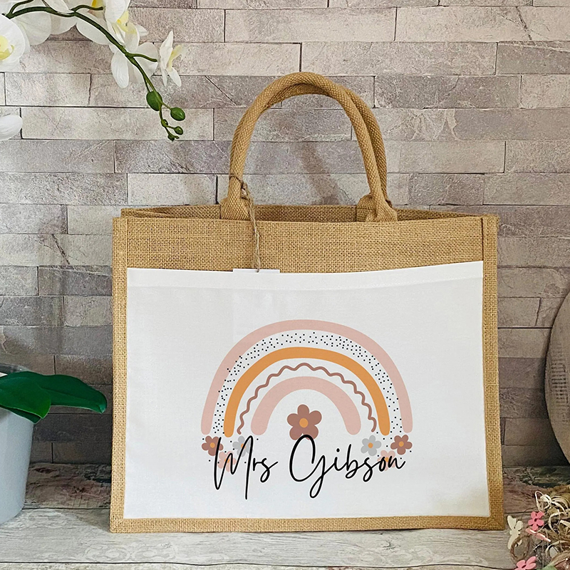 Personalised Name Flower Rainbow Teacher Jute Bag