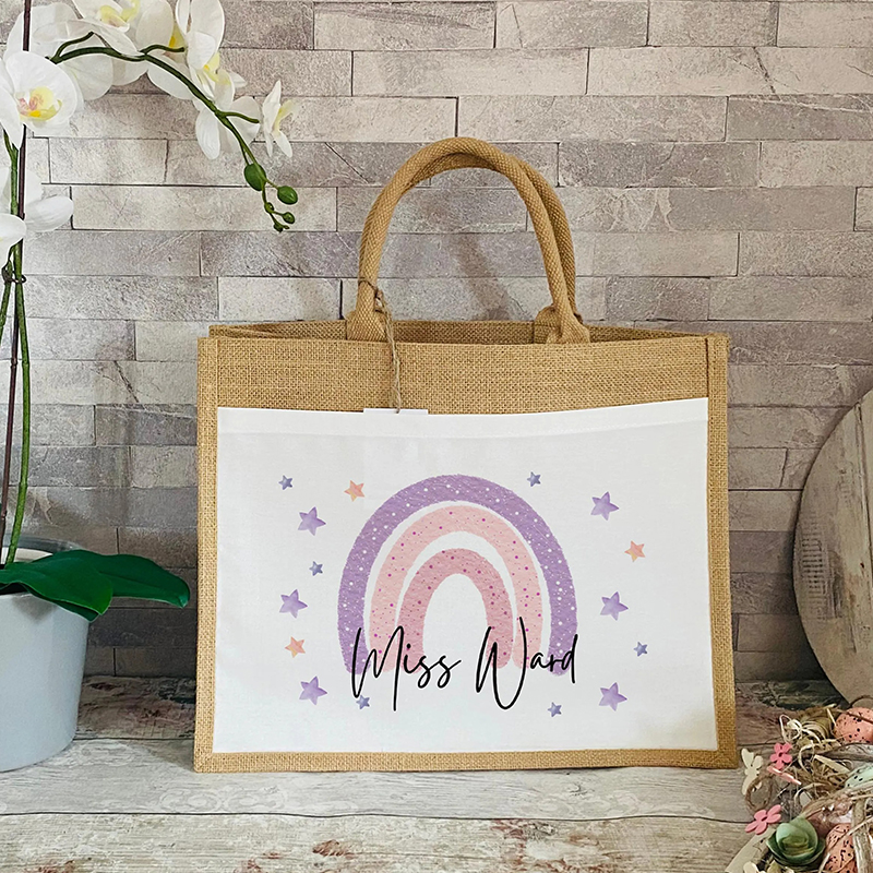 Personalised Name Star Rainbow Teacher Jute Bag