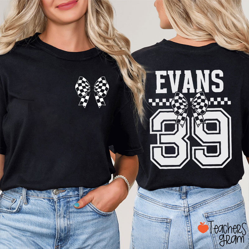 Personalized Black And White Checkered Bow Teacher Two Sided T-Shirt