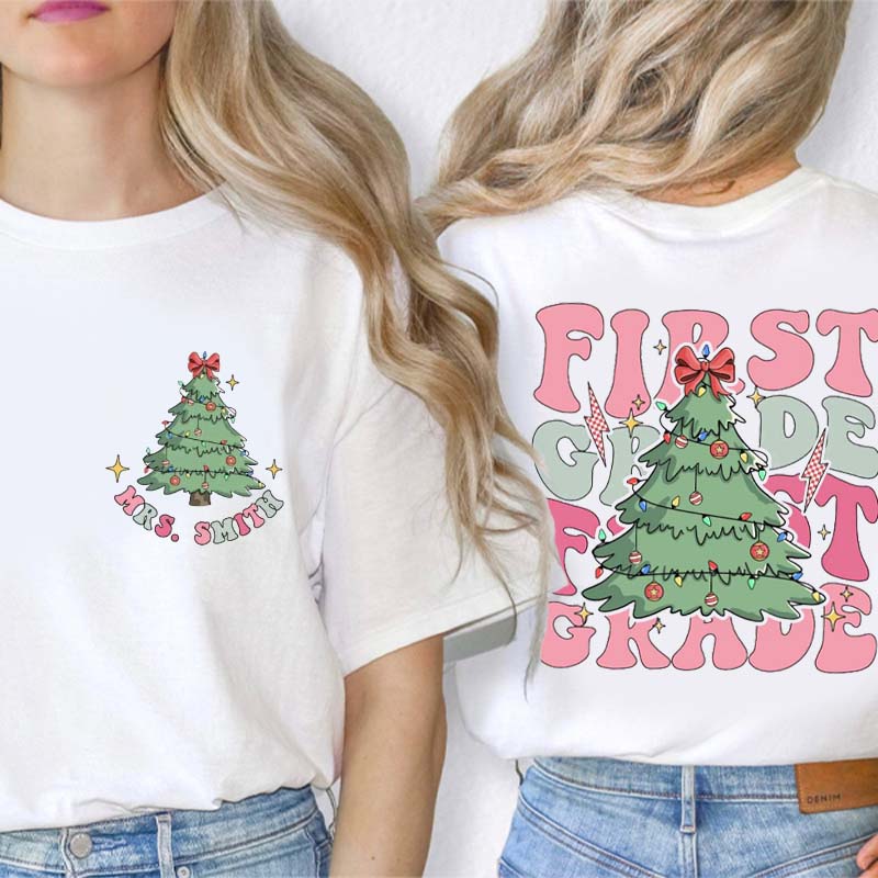 Personalized Christmas Tree Teacher Two Sided T-Shirt