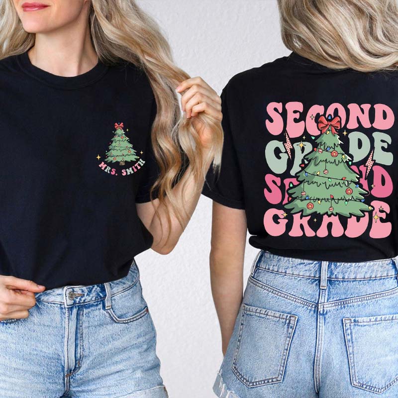 Personalized Christmas Tree Teacher Two Sided T-Shirt