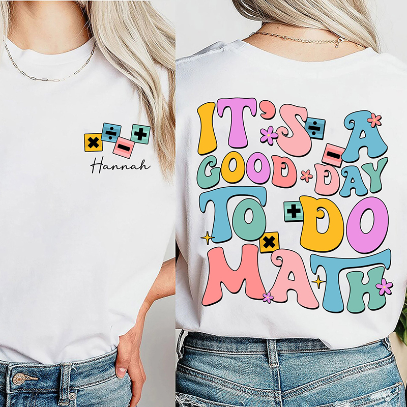 Personalized Math Teacher's Name Mathematical Symbols Icons Teacher Two Sided T-Shirt