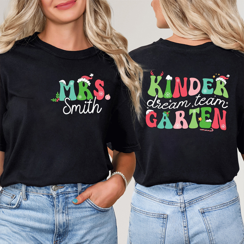 Personalized Name And Grade Christmas Teacher Two Sided T-Shirt