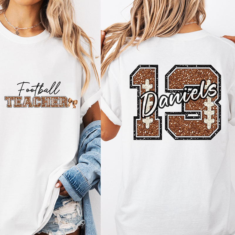 Personalized Name And Number Football Game Day Teacher Two Sided T-Shirt