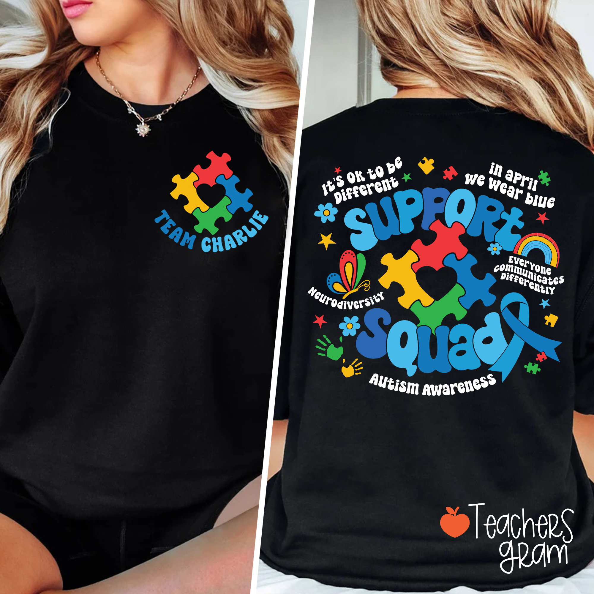 Personalized Name Autism Awareness Support Squad Teacher Two Sided T-Shirt