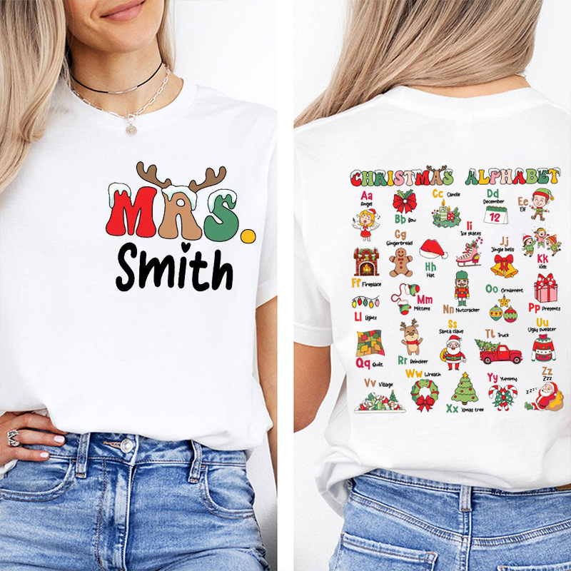 Personalized Name Christmas Alphabet Teacher Two Sided T-Shirt