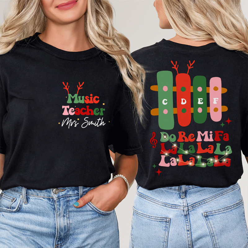 Personalized Name Christmas Music Teacher Two Sided T-Shirt