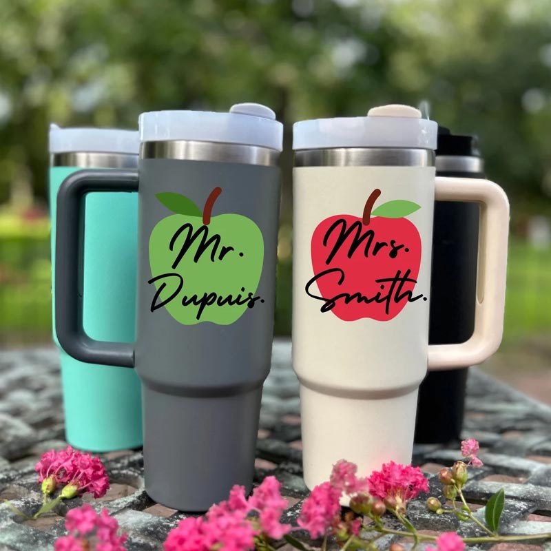 Personalized Name Cute Green Red Apple Teacher 40oz Tumbler